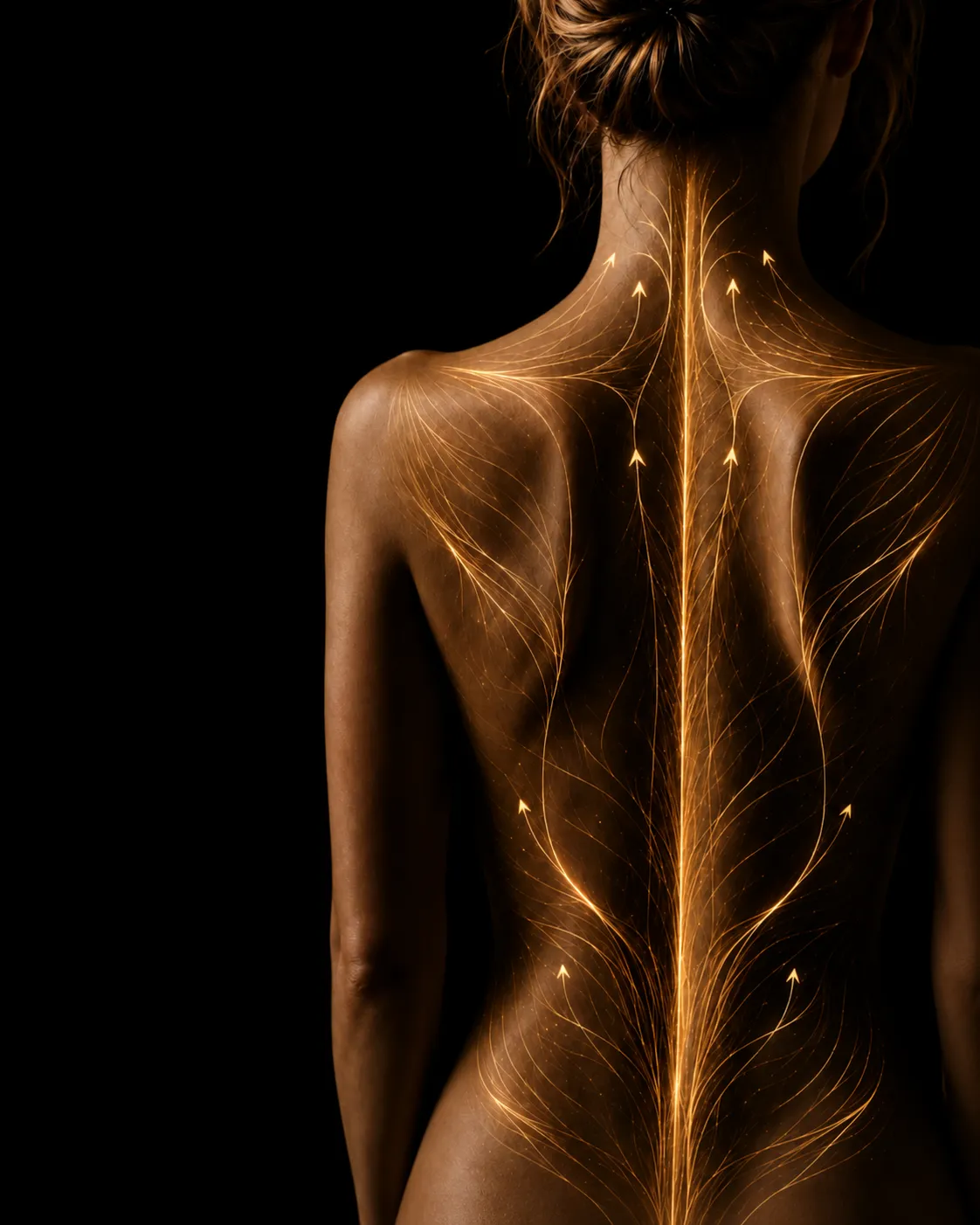 Woman’s back traced with rising golden flows, illustrating the effect of massage on the muscles